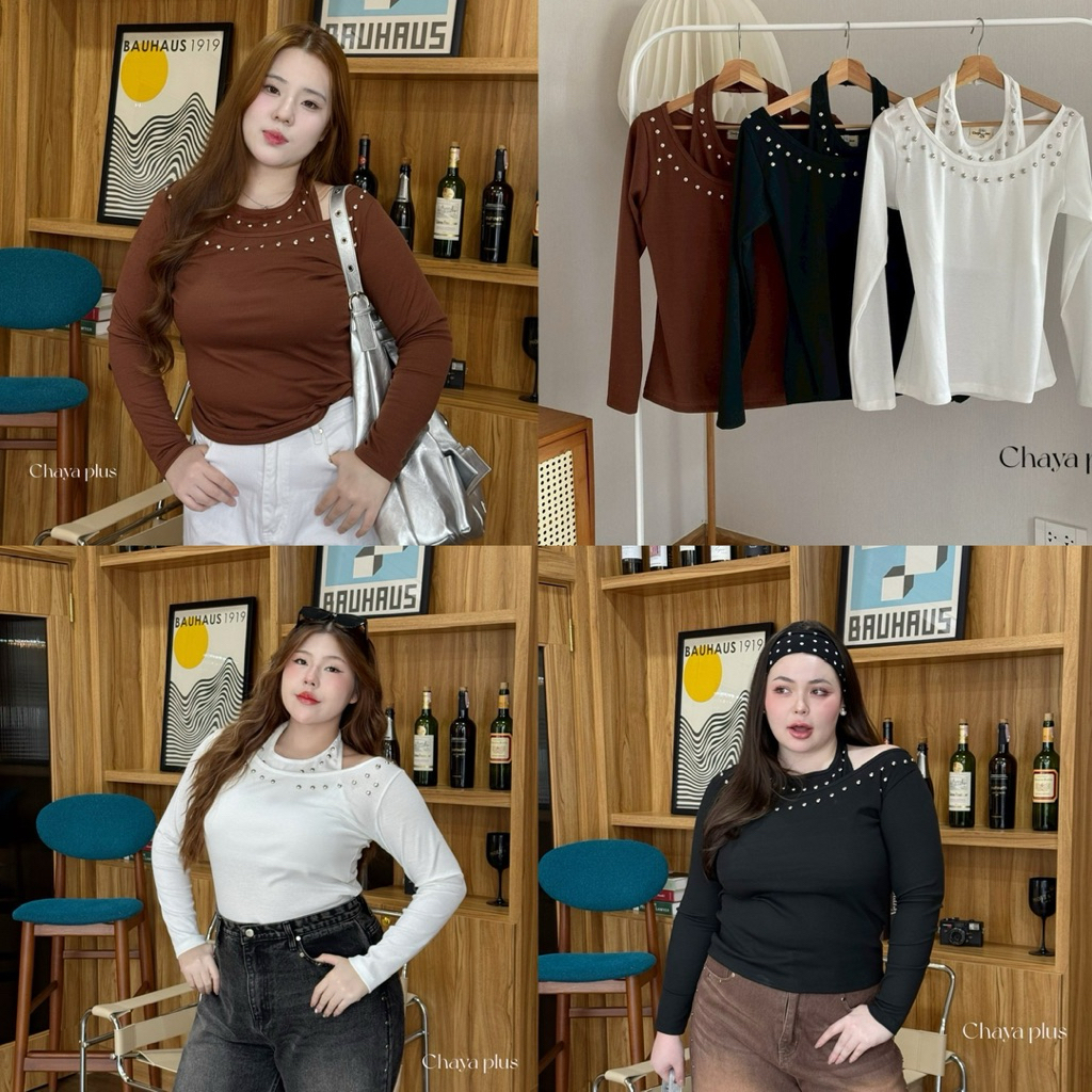 Chaya plus เสื้อครอปแขนยาว คล้องคอช่วงอกพร้อมแต่งหมุด