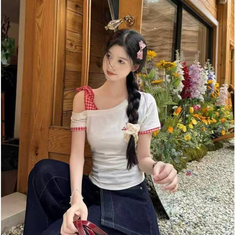 พร้อมส่งในไทย** เสื้อยืดสีขาว แต่งซับข้างเดียว ใส่ชิลล์ๆ ใส่ลำลอง Y314