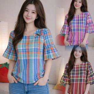 เสื้อผ้าฝ้ายลายขาวม้า-แขนกระดิ่ง