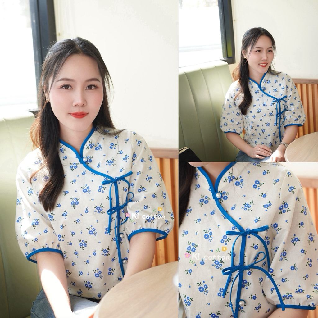 เสื้อผ้าฝ้ายพิมพ์ลายดอกไม้ กุ๊นขอบแขนบอลลูน