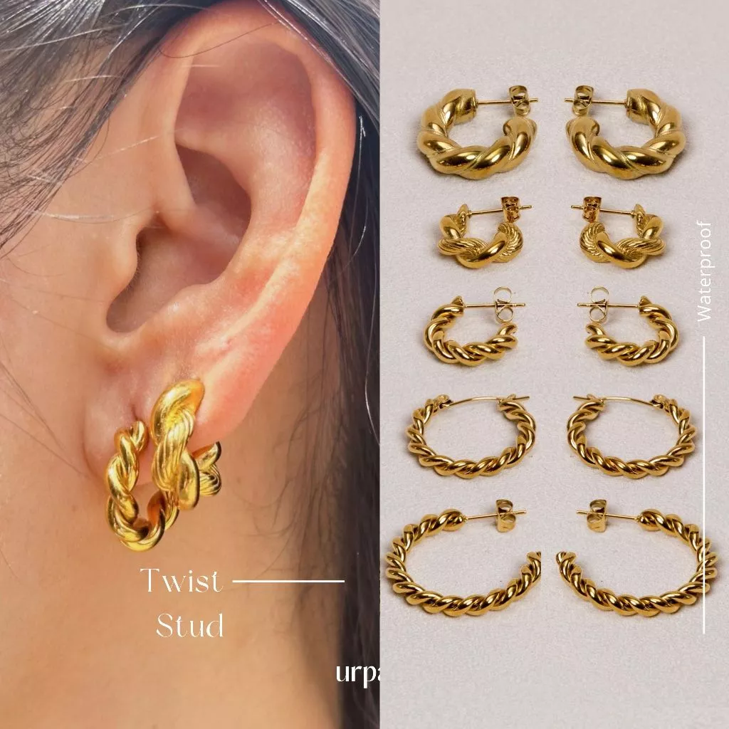 URPALS ต่างหูห่วง ต่างหูสายฝอ Stainless ชุบทอง18K ดีไซน์เก๋ สไตล์มินิมอล ทนน้ำ ทนเหงื่อได้ดี