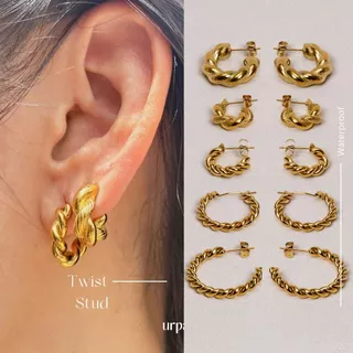 URPALS ต่างหูห่วง ต่างหูสายฝอ Stainless ชุบทอง18K ดีไซน์เก๋ สไตล์มินิมอล ทนน้ำ ทนเหงื่อได้ดี