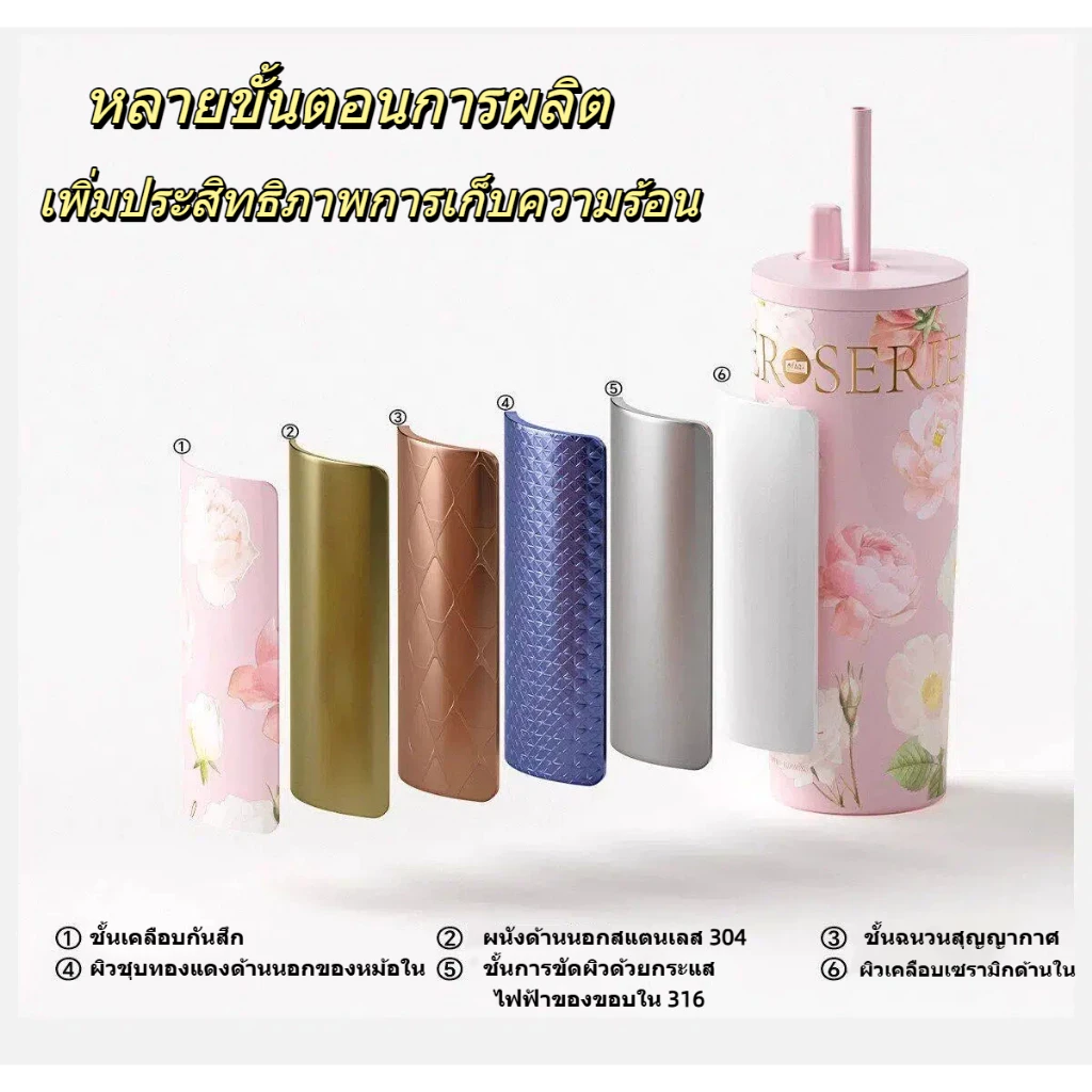 UCOCOLLA Floral Series 710ml แก้วกาแฟสแตนเลสซับเซรามิกพร้อมฝาปิดกระติกน้ําสูญญากาศ แก้วเก็บความเย็น thumbnail 3
