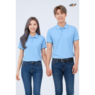 เสื้อโปโลสีฟ้าเข้มขลิบฟ้าทะเล ขาว แขนจั้ม เนื้อผ้า TK