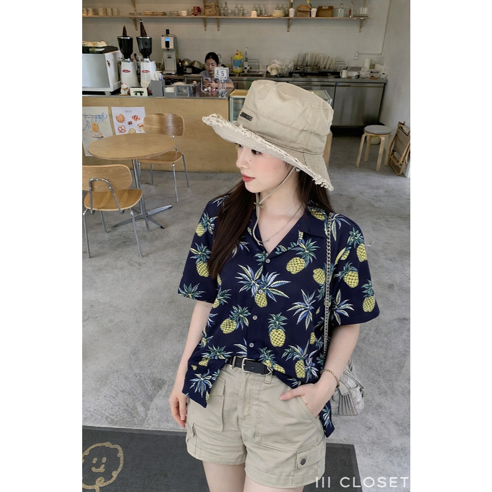 เสื้อเชิ้ต lll Freesize lll S001 คอปกฮาวาย ลายสัปปะรด สงกรานต์ แขนสั้น กระดุมหน้า ผ้าสปัน เนื้อผ้านุ่ม ใส่สบาย