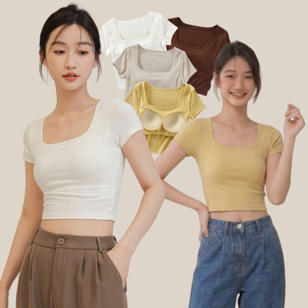 WsimpleBra | Cara Crop Top เสื้อยืดครอปสั้น คอยู แขนสั้น มีบราในตัว เลิกใส่ชุดชั้นในและซิลิโคลปิดจุก