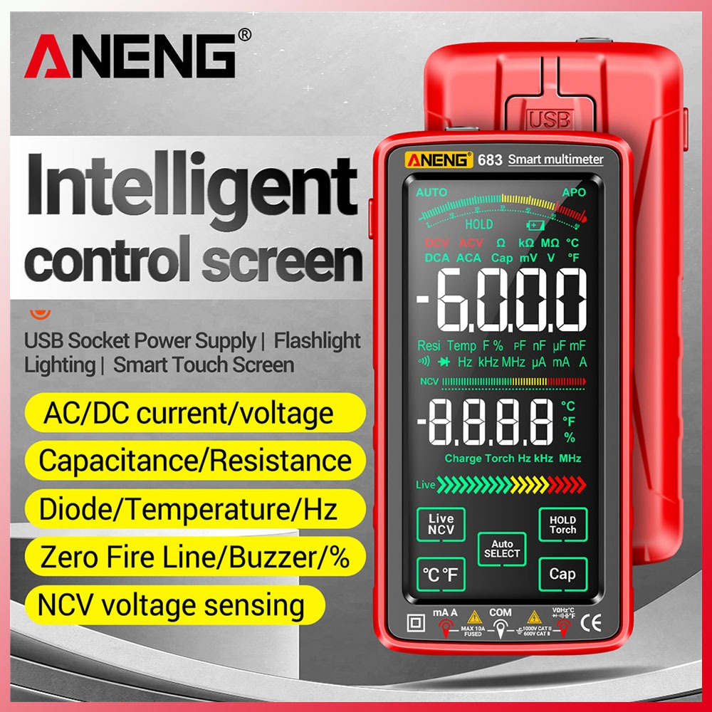 Aneng 683 มัลติมิเตอร์วัดแรงดันไฟฟ้า AC/DC หน้าจอสัมผัส NCV 6000 ครั้ง