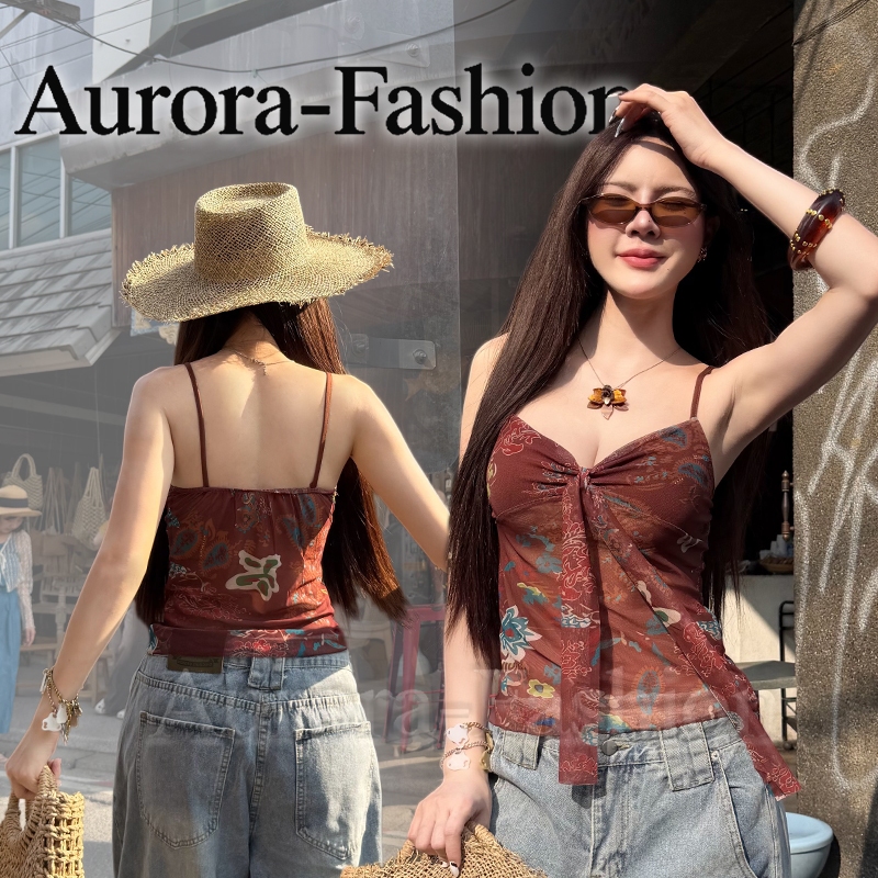 Aurora🛒พร้อมส่ง🚚(รูปถ่ายจากงานจริง) เสื้อสายเดี่ยวผู้หญิง ทรงเข้ารูป สไตล์โบฮี่เมี่ยน ลายดอกไม้ ผ้าบางและเบา