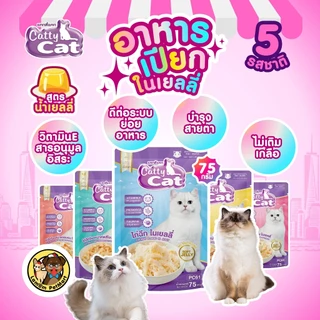 (ขายยกกล่อง 12 ซอง) อาหารเปียกแมว CattyCat ไก่ฉีกในน้ำเยลลี่ (5 รสชาติ) บำรุงสายตาดีต่อระบบขับถ่าย