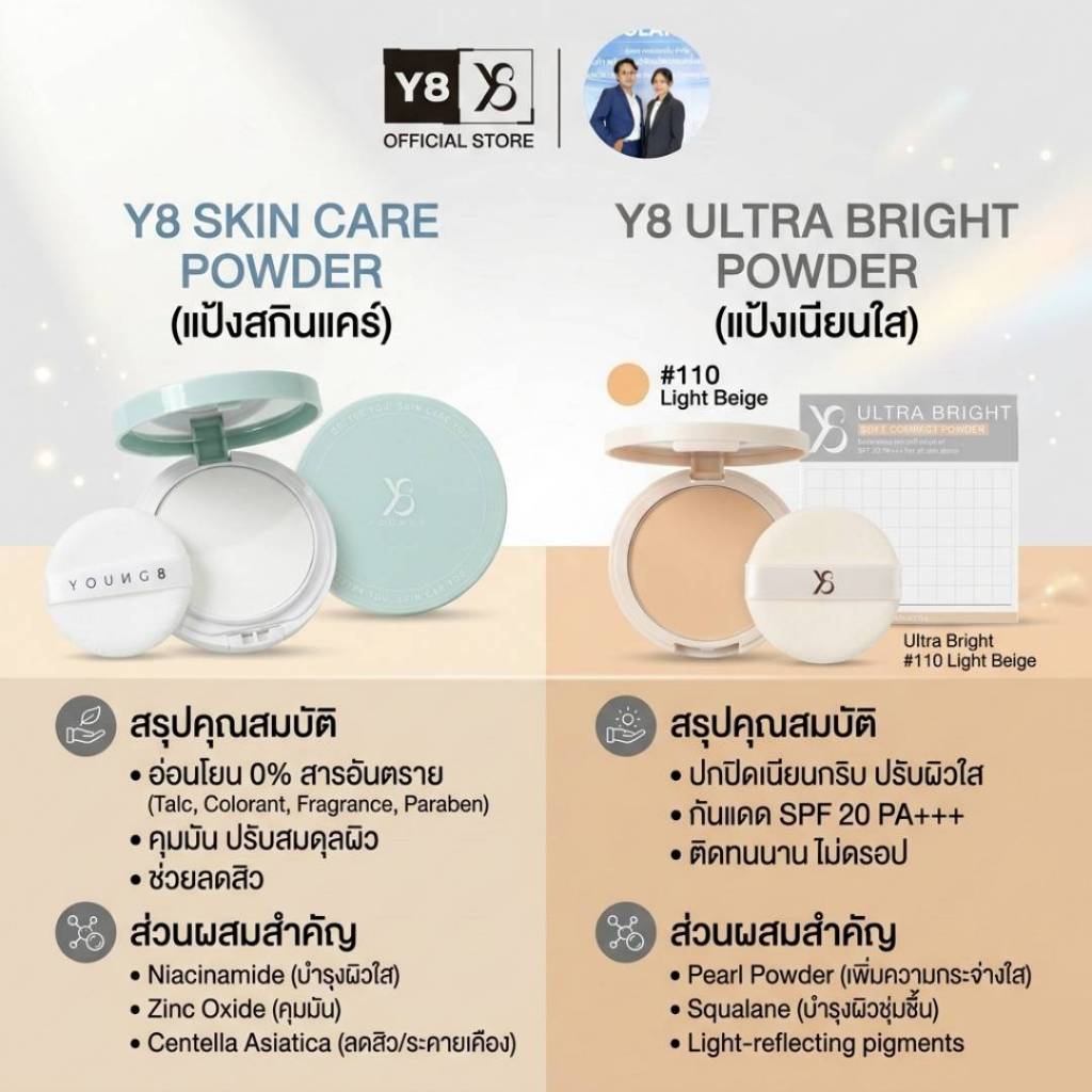 [ส่งทันที] Y8 SKINCARE POWDER แป้งสกินแคร์ / Y8 แป้งพัฟ Ultra Bright  มี 3 เฉดสี