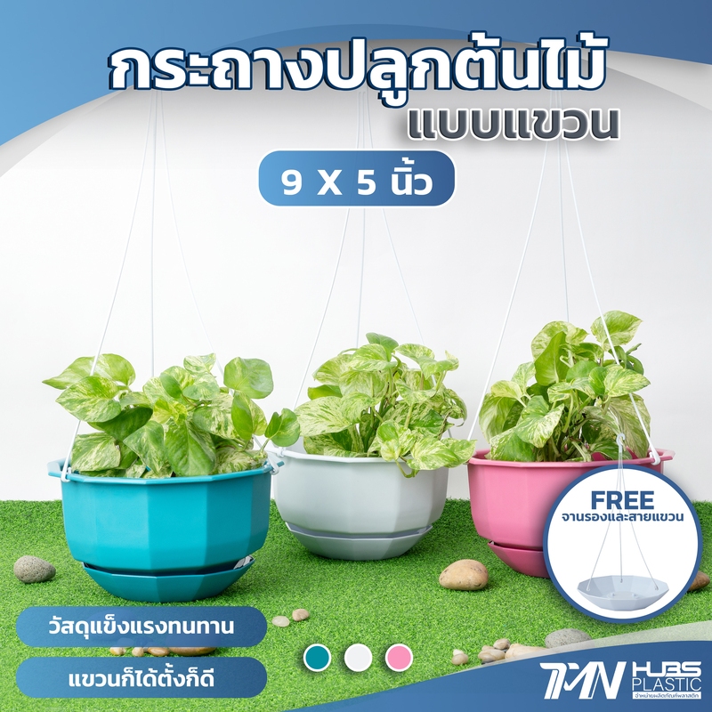 กระถางต้นไม้พลาสติกแบบแขวน พร้อมจานรอง มี 3 สี ขนาด 9 นิ้ว ราคาโรงงาน กระถางพลาสติก TMNHUBS04