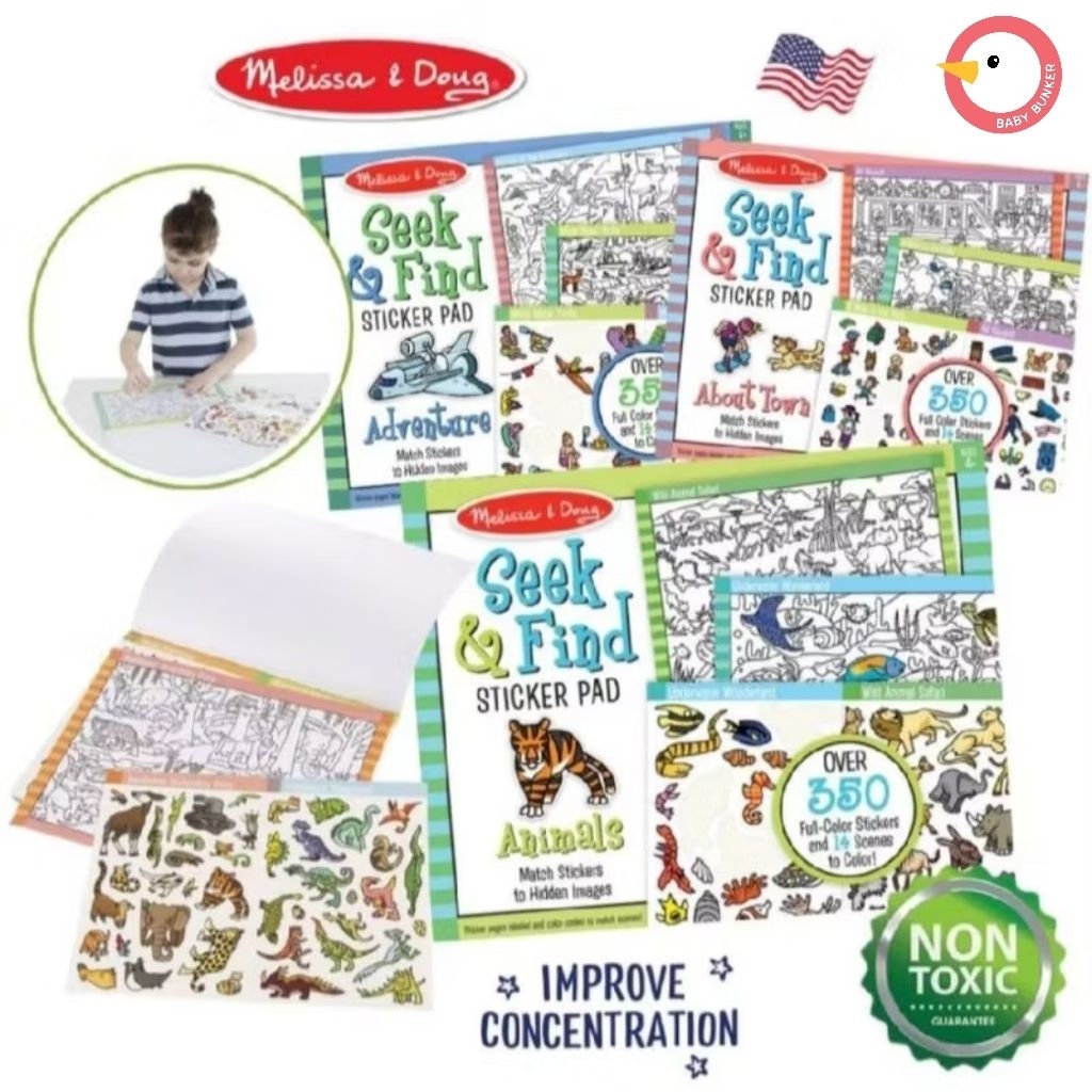 Melissa&Doug สติ๊กเกอร์เสริมสมาธิ เกมซ่อนหา ภาพ Seek & Find Sticker Pad สมุดระบายสี มี 3 รุ่น