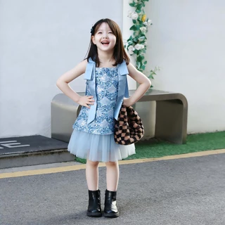 Betterland ชุดเจ้าหญิงแฟชั่นเด็ก สีฟ้า ชุดเดรสเกาหลีสไตล์ประดับเลื่อม สําหรับเด็กผู้หญิง ปาร์ตี้วันเกิด 1-11ปี