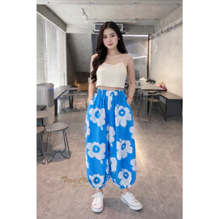 NE001 TARA Pants กางเกง 8 ส่วนทรงเจนนี่ ขาบอลลูน ฟรีไซซ์เอวยางยืด มีกระเป๋าข้าง จั๊ม ระบายที่ปลายขา ผ้าไหมอิตาลีลายดอก