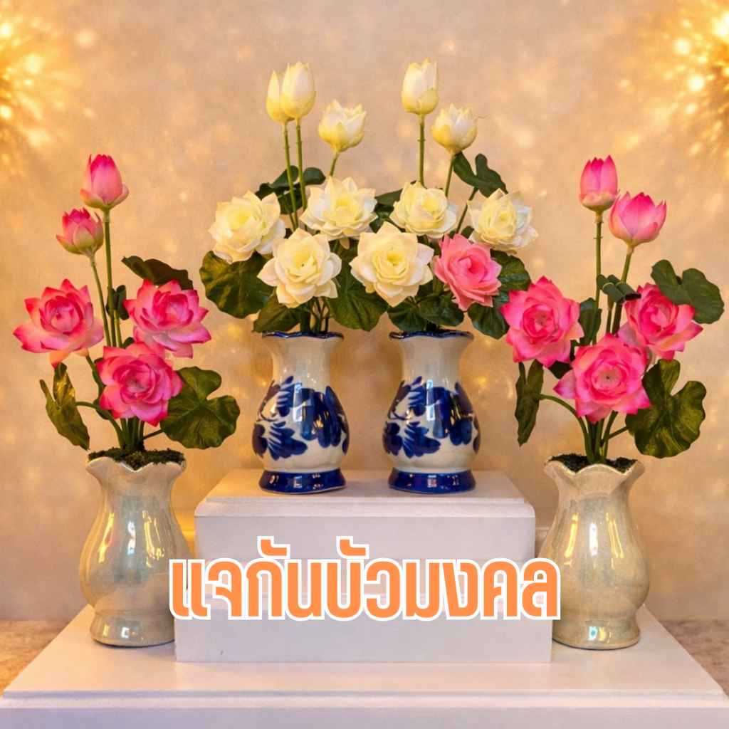 แจกันดอกบัวประดิษฐ์มงคลสำหรับตกแต่งโต๊ะหมู่บูชา ดอกบัวสีขาวและสีชมพู (คู่)