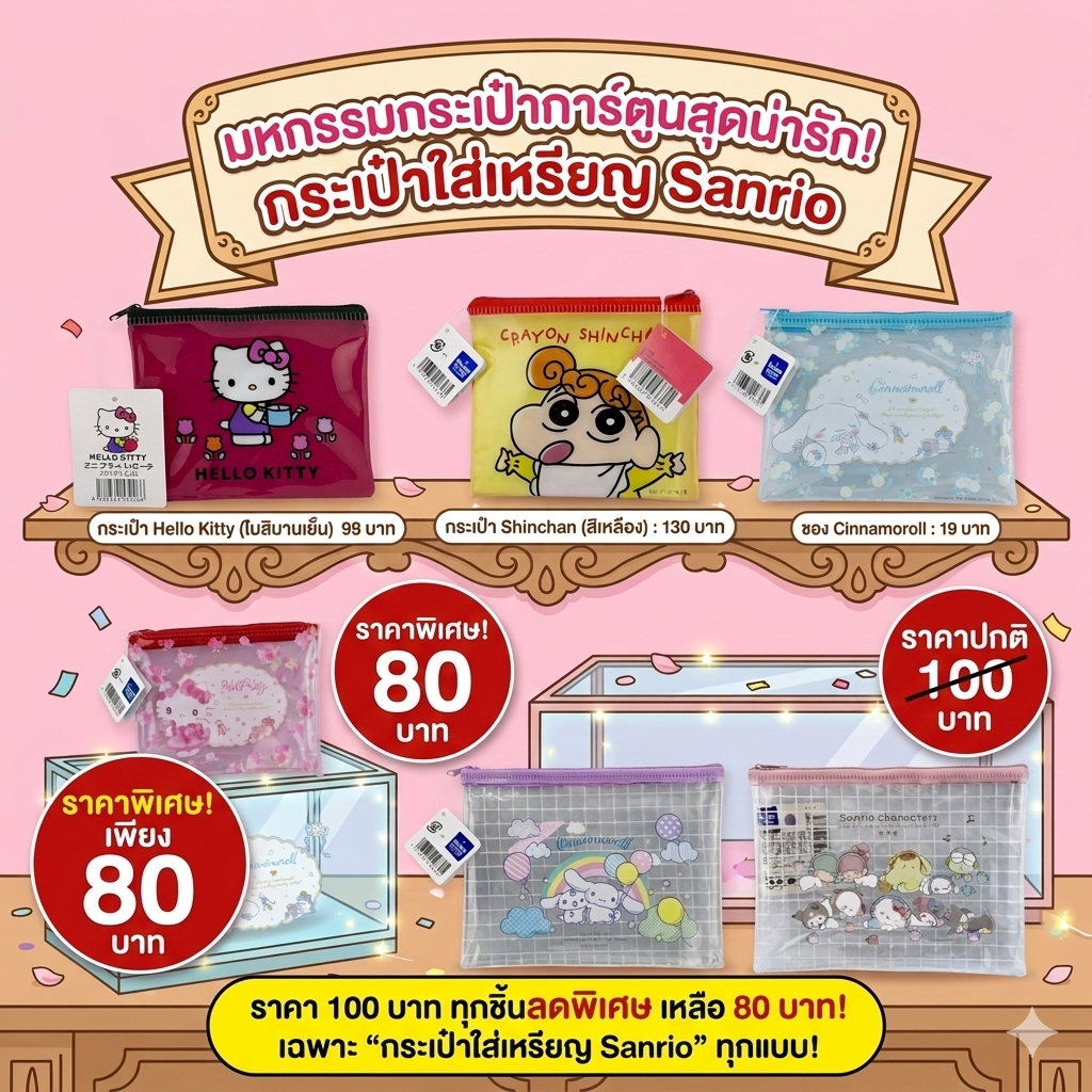 Hello Kitty Cinnamoroll Kuromi Shinchan กระเป๋าซิปใส Sanrio ก กระเป๋าใส่ของจุกจิก  ลิขสิทธิ์แท้