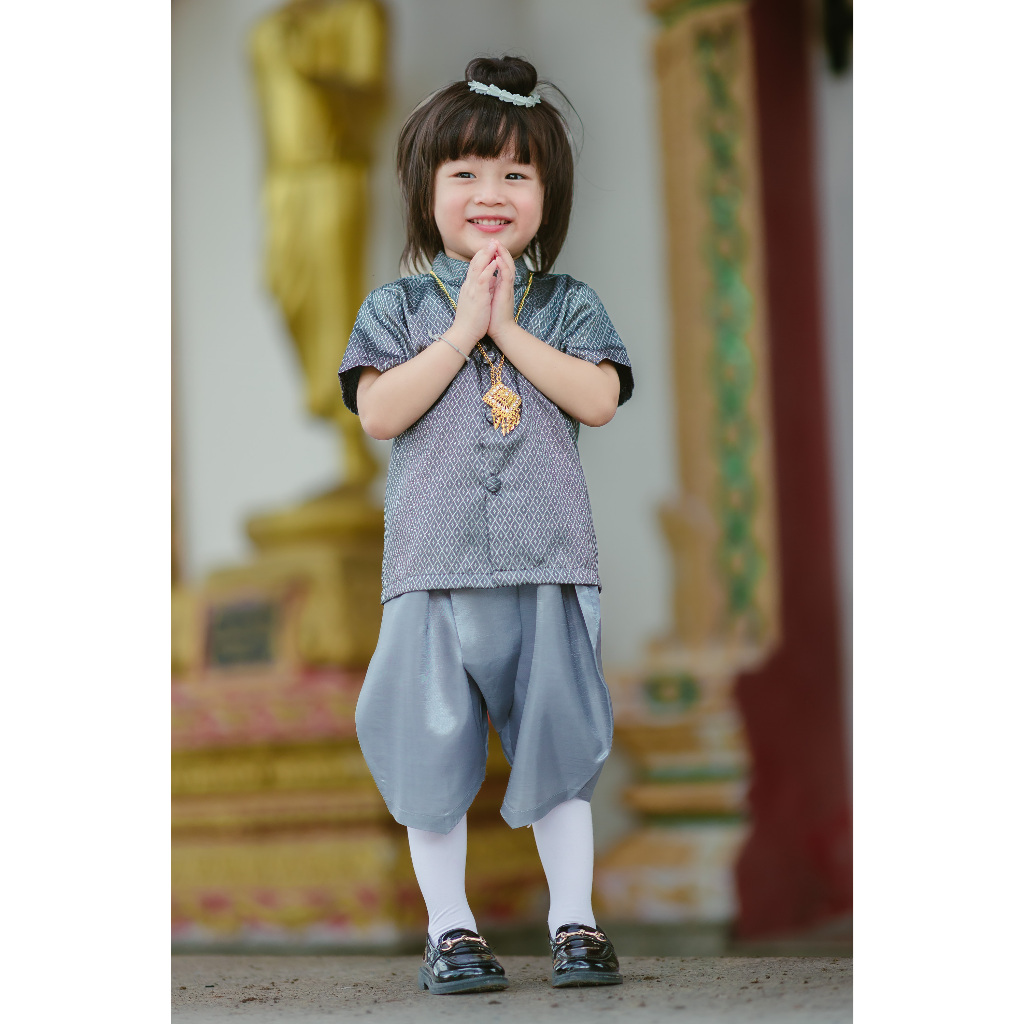 ชุดไทยเด็กชาย+ผ้าพาด พี่หมื่น ลายไทย สีน้ำเงิน