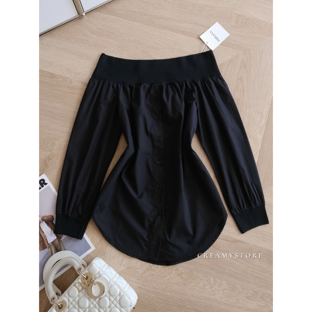 Mintie เชิ้ตเปิดไหล่ สีดำ ป้ายPrisana