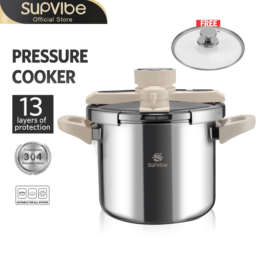 SUPVIBE หม้อความดันสูง สแตนเลส304 หม้อแรงดัน แถมฝาครอบกระจก หม้ออัดแรงดัน หม้อตุ๋นแรงดัน หม้อแรงดันสูง หม้อต้มแรงดัน