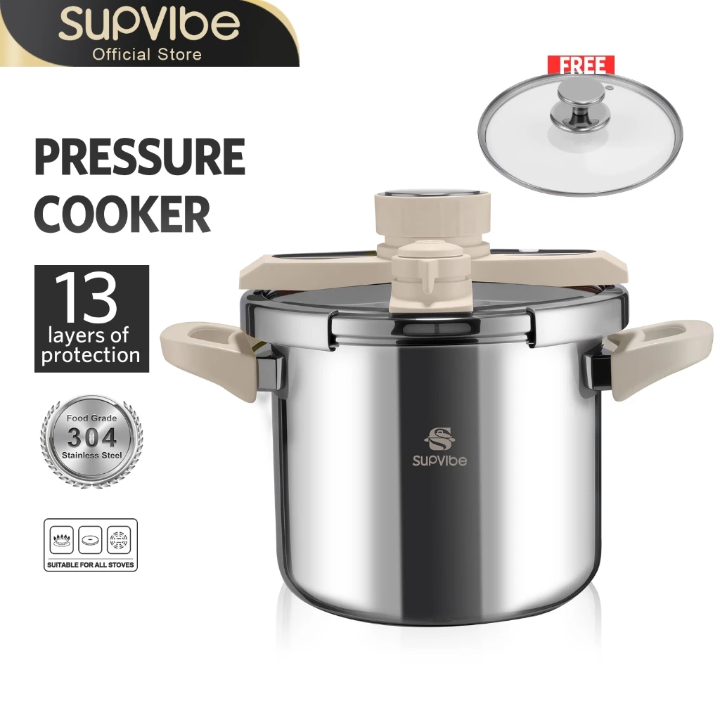 SUPVIBE หม้อความดันสูง สแตนเลส304 หม้อแรงดัน แถมฝาครอบกระจก หม้ออัดแรงดัน หม้อตุ๋นแรงดัน หม้อแรงดันสูง หม้อต้มแรงดัน