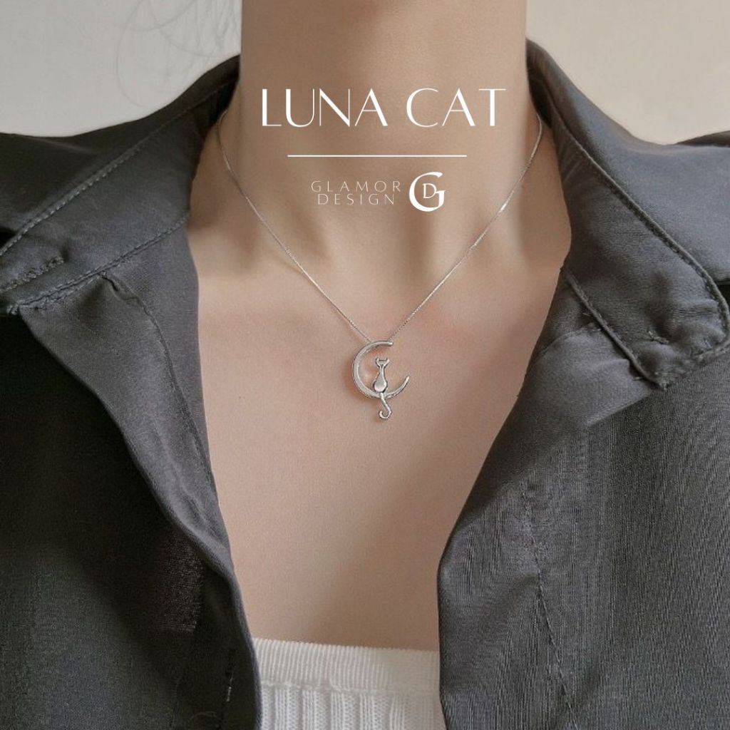 GLAMOR✨สร้อยเงินเเท้ Luna Cat สร้อยคอรูปแมวพร้อมแสงจันทร์ สร้อยคอแฟชั่น สร้อยคอผู้หญิง สไตล์ใหม่