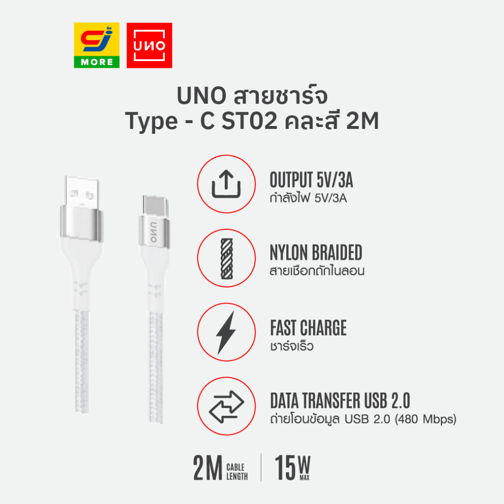 UNO สายชาร์จ USB หัวชาร์จ Type-C 2 เมตร