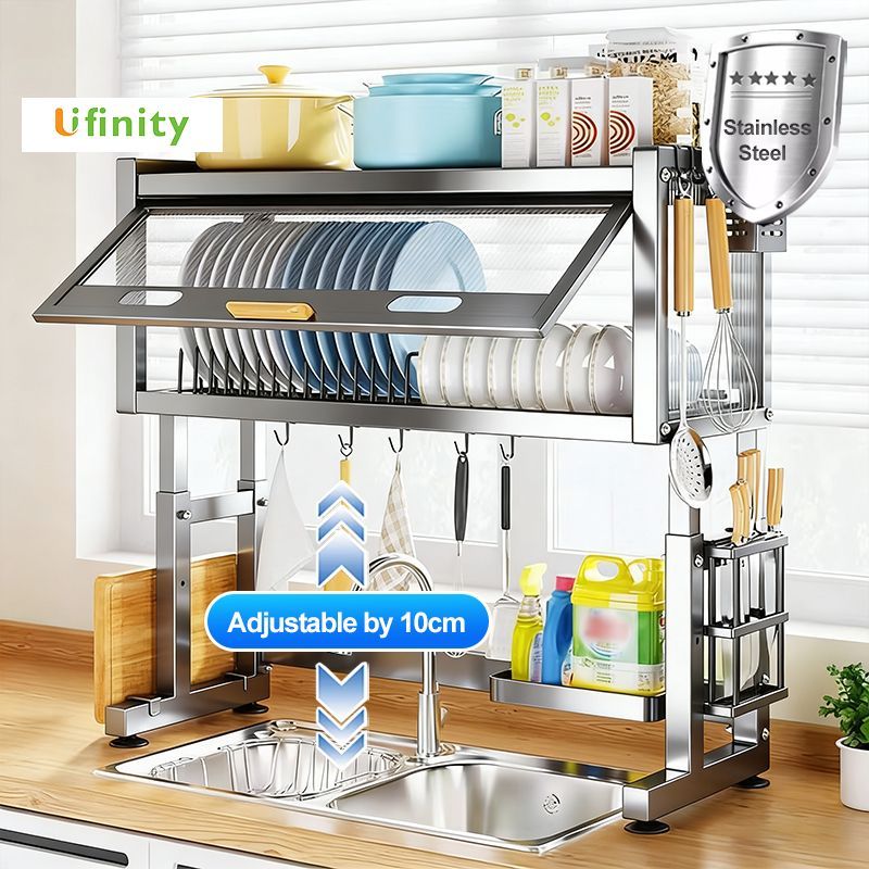 Lifinity ชั้นวางจาน ปรับได้ ฝาปิด 65/75/85/95/105cm ที่คว่ำจาน  ชั้นคว่ำจานกล่องเก็บจานในครัว