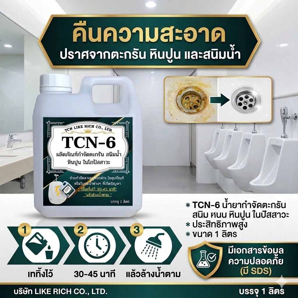 TCN6 น้ำยากำจัดตะกรัน สนิม หินปูน ในโถปัสสาวะ ลดสาเหตุให้ท่อตันจนเกิด น้ำล้น ลดการส่งกลิ่นเหม็น