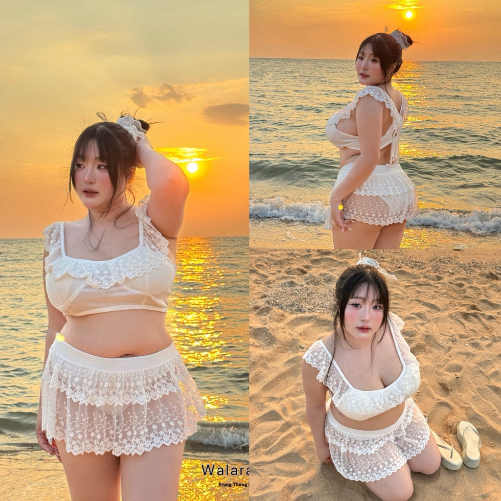 w ชุดว่ายน้ำลูกไม้บิกีนี่คุณหนู มีฟองน้ำ มีกางเกงด้านใน หวานละมุน ชุดว่ายน้ำแฟชั่นสาวอวบ