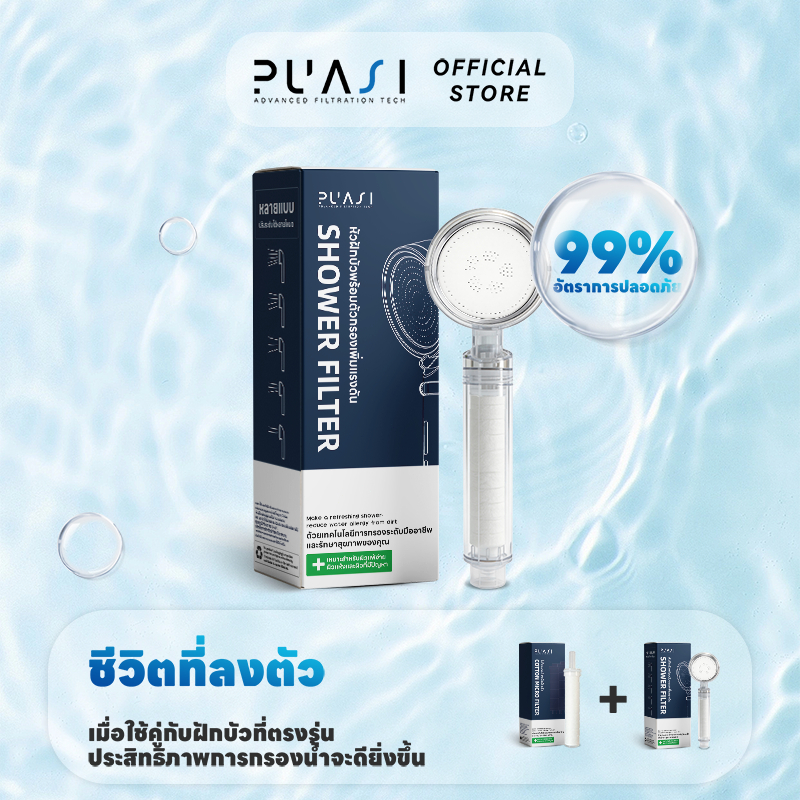 PUASI Shower Filter ฝักบัวกรองน้ำ + รับฟรี Cotton Micro Filter ไส้กรองฝักบัว 1 ชิ้น รับประกัน 5 ปี
