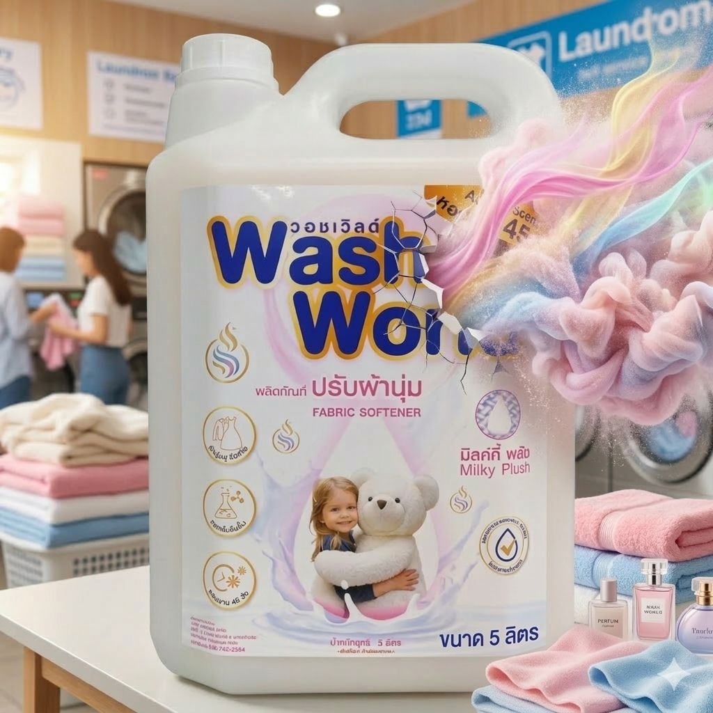 น้ำยาปรับผ้า​นุ่ม​ Wash World กลิ่น​ Milky Plush (แป้ง) หอ​มนาน​45​วัน​ ขนาด 5 ลิตร /อบผ้ากลิ่นไม่หาย