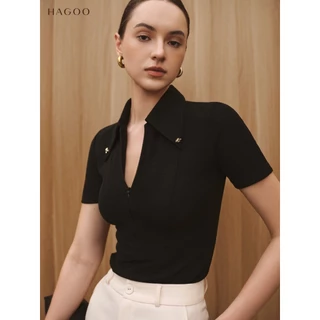 HAGOO เสื้อยืดผู้หญิง คอปก ซิปหน้า แต่งกระดุม ลุคทำงานมินิมอล [A8007]