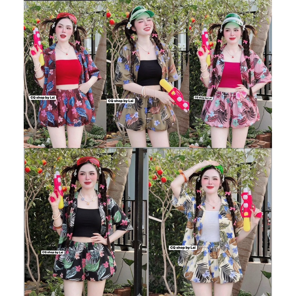 งาน3ชิ้น เสื้อเชิ้ตเกาะอกกางเกงบอลลูนลายน่ารักกกใส่สบายสุดด🥰🥰