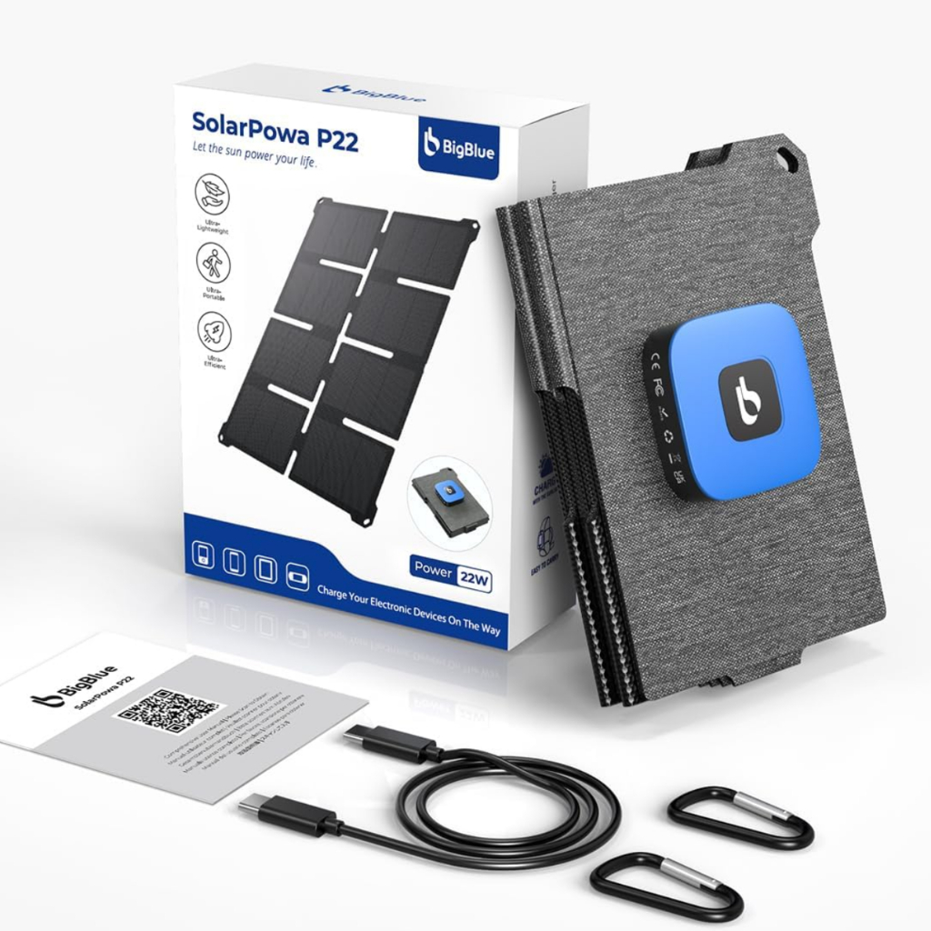 แผงโซลาร์เซลล์ BigBlue สำหรับชาร์จไฟ กำลังไฟ 22 วัตต์ พอร์ต USB-A/Type-C ขนาดกะทัดรัด น้ำหนักเบามากเพียง 383 กรัม