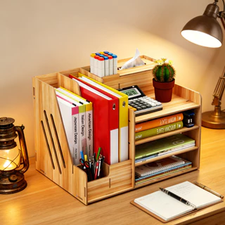 พร้อมส่ง ชั้นวางเอกสารลายไม้ 4ชั้น จัดระเบียบโต๊ะ เก็บปากกา เครื่องเขียน Desk Organizer Wooden