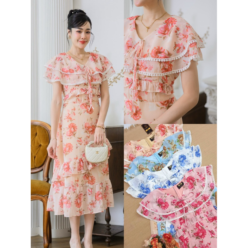 ⭐️Top Choice⭐️เดรสยาวผ้าชีฟองลายดอกไม้ระบายเฉียงแต่งขอบฉลุสุดแซ่บ#Maisie Shop