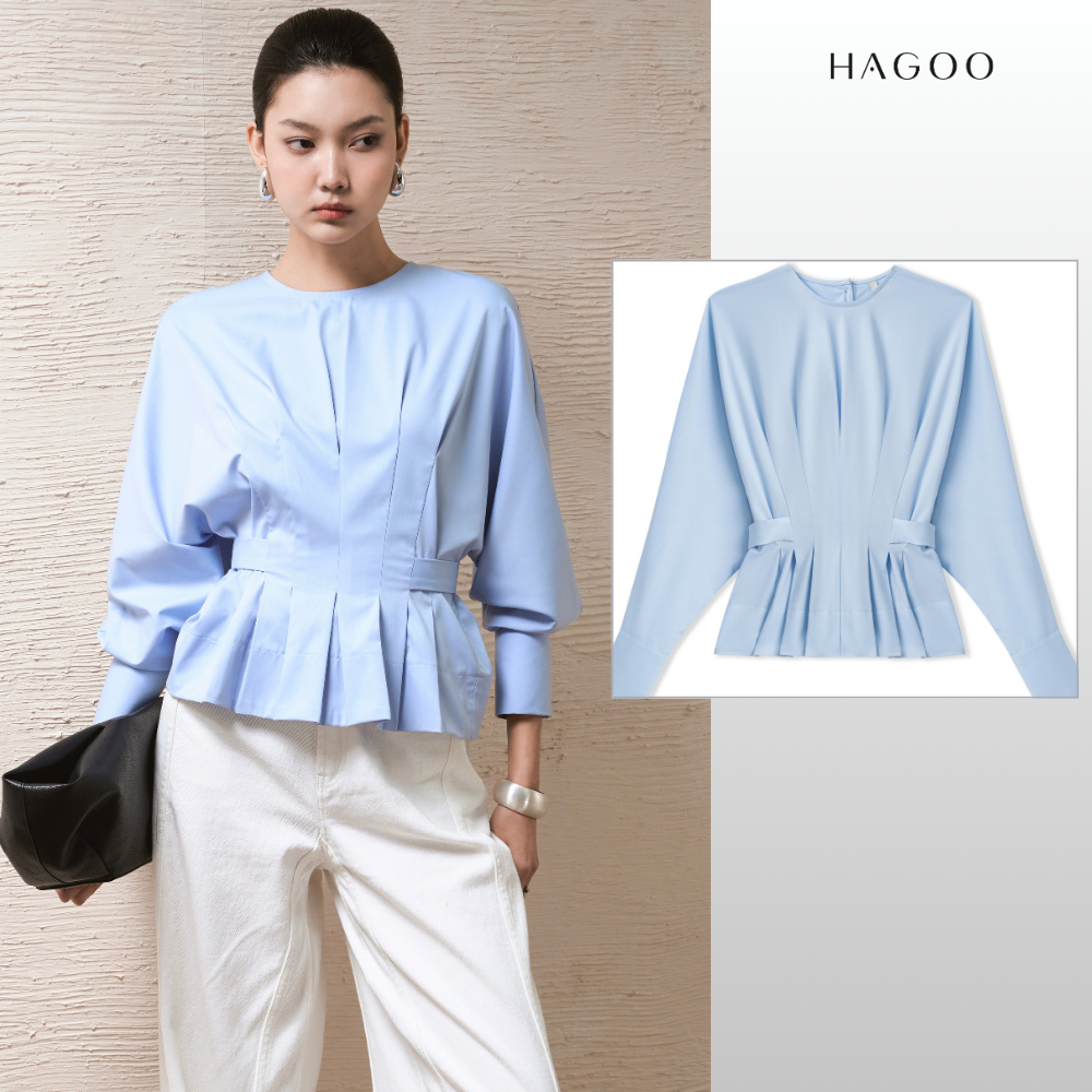 HAGOO เสื้อผู้หญิง คอกลม จีบเอว ดีไซน์ผูกเอว ลุคทำงานเรียบหรู [A8117]