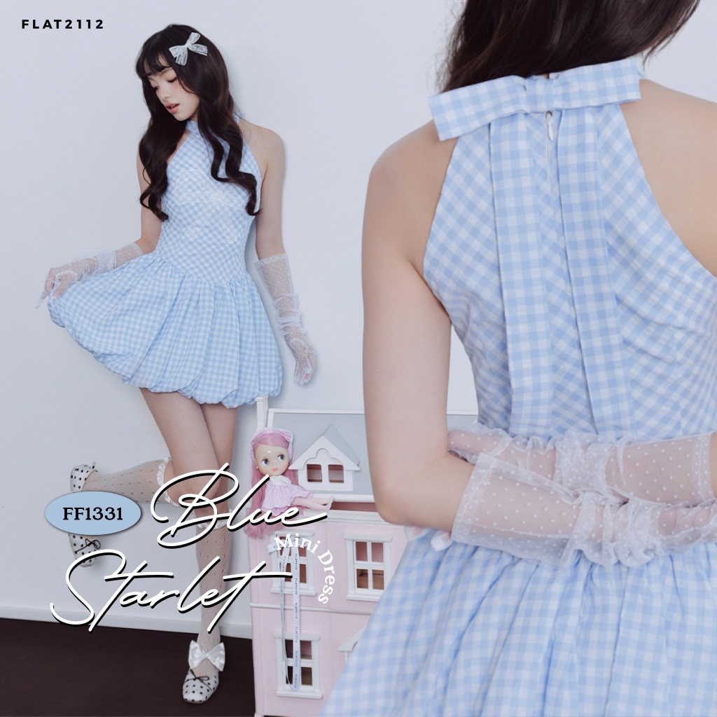 FLAT2112 : BLUE STARLET MINI DRESS เดรสสั้นลายสก็อตฟ้าขาว ลูกคุณหนูฝรั่งเศส ลุคสาวซัมเมอร์สดใส เดรสสั้นเข้ารูป (FF1331)