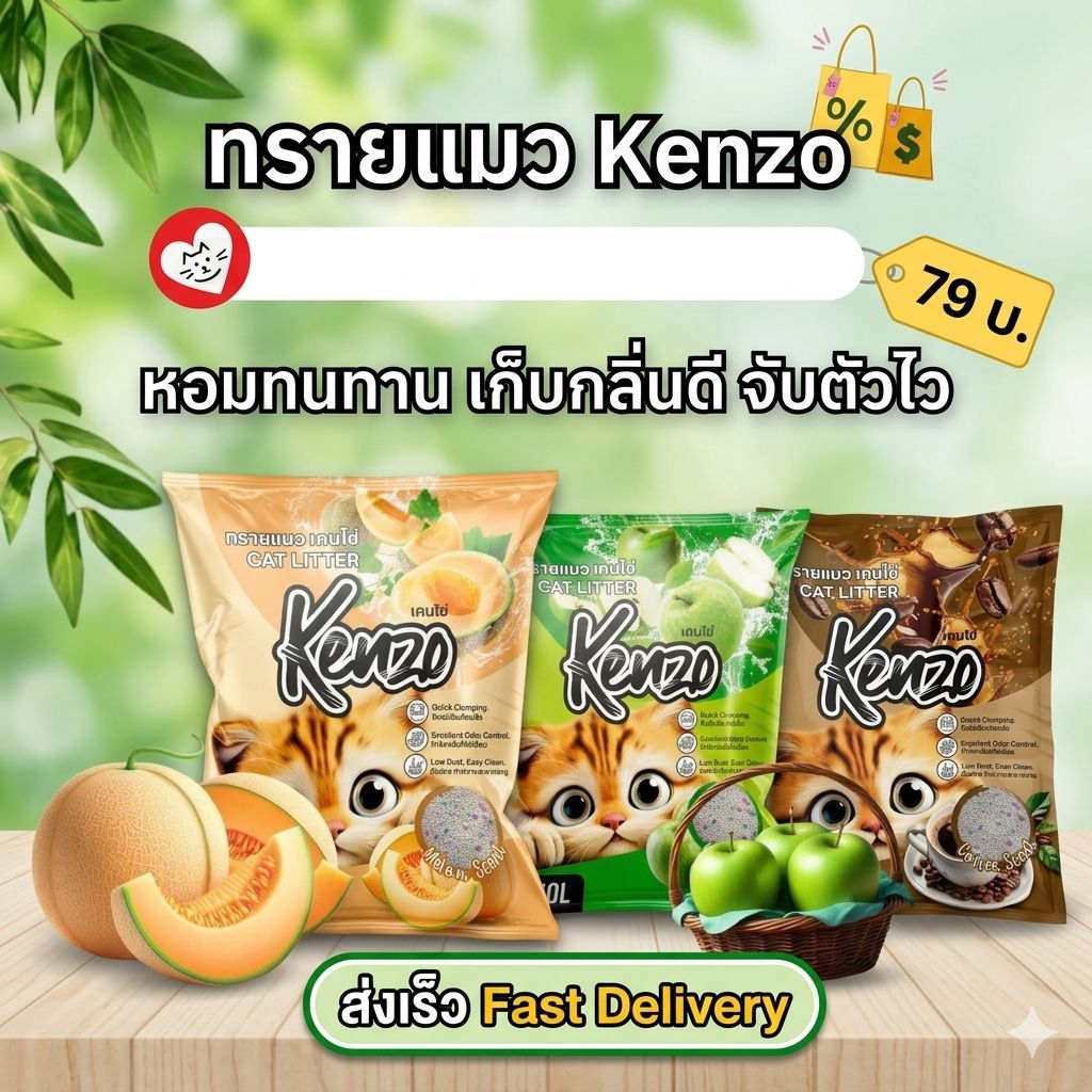 ทรายแมวเคนโซ่ 10 ลิตร Kenzo 79 บาท คุณภาพเยี่ยม จับตัวดี กลิ่นหอม ส่งเร็วส่งไวทันใช้แน่นอน