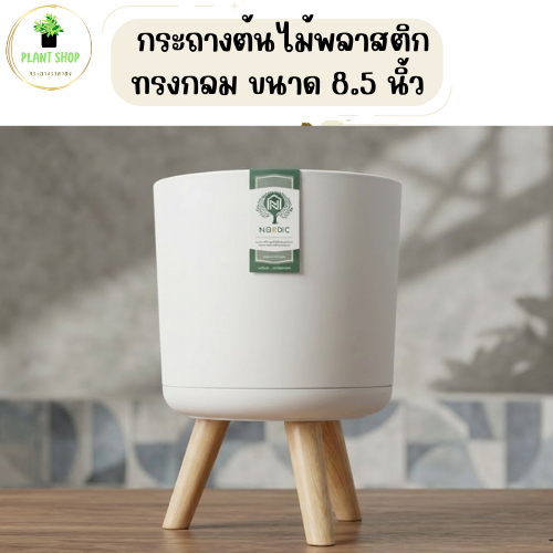 กระถางต้นไม้พลาสติก ทรงกลม สีขาว ขนาด 8.5 นิ้ว ขาไม้ มีถาดรองในตัว