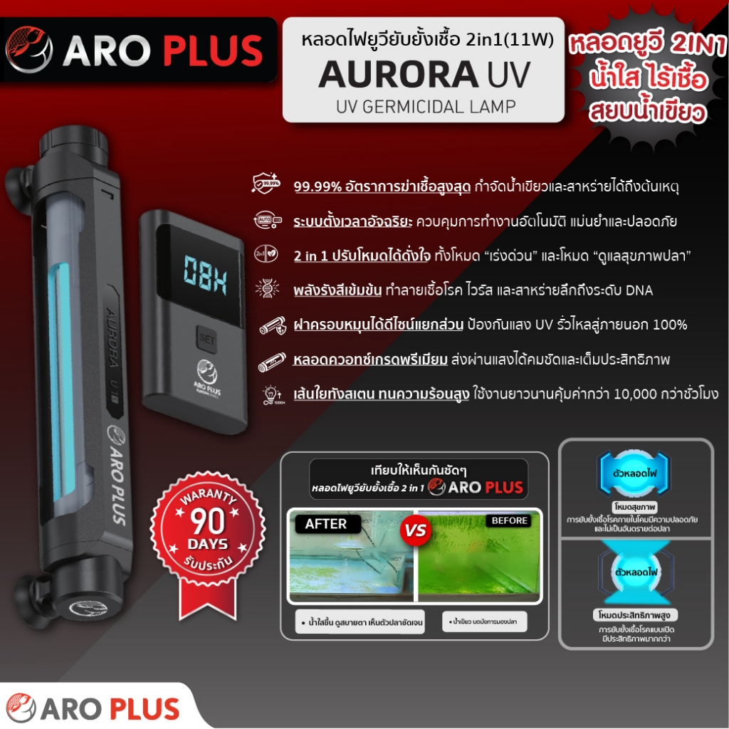 หลอดยูวี AURORA UV กำจัดเชื้อในน้ำลดการเกิดตะไคร่น้ำเขียวช่วยให้น้ำสะอาดใสยับยั้งเชื้อโรค ไม่เป็นอันตรายต่อสัตว์น้ำ