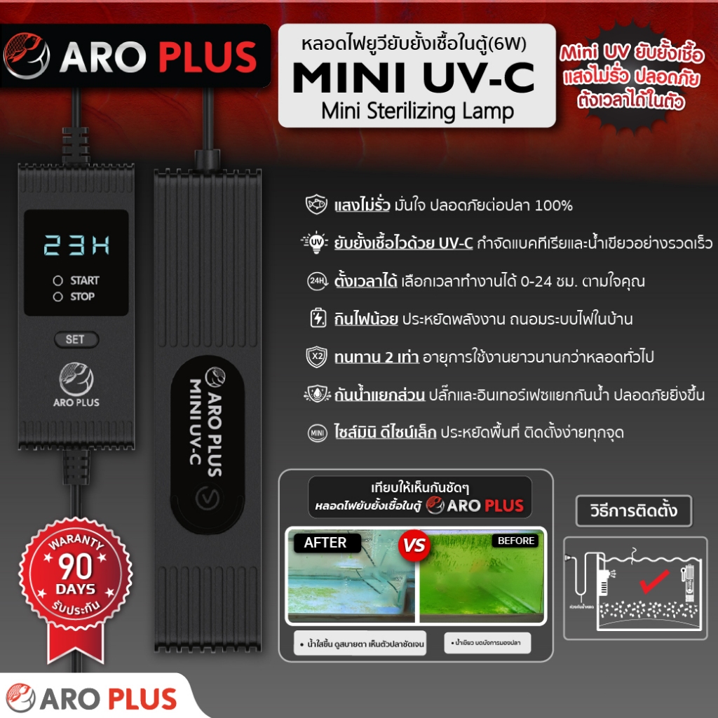 หลอดยูวี Mini UV กำจัดน้ำเขียวและเชื้อโรคในตู้ปลาขนาดเล็กยับยั้งแบคทีเรียสำหรับกรองบน/ตู้ไม่มีกรอง น้ำใสสะอาดไร้น้ำเขียว