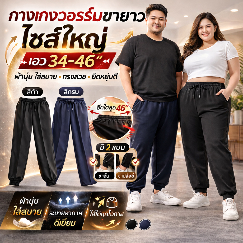 กางเกงวอร์มขายาว ไซส์ใหญ่ เอว34-46 นิ้ว ผ้านุ่ม ใส่สบาย มีขาจั้ม/ขาปล่อย สีดำ สีกรม พร้อมส่ง