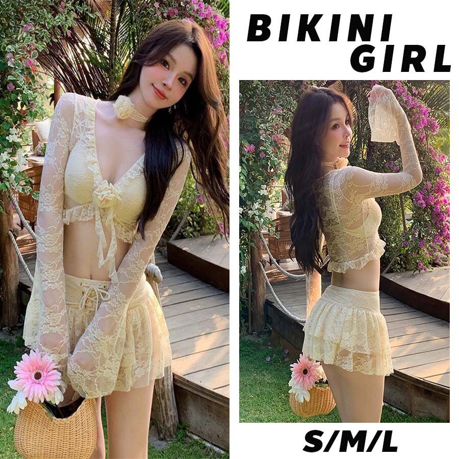 ชุดว่ายน้ำ 4 ชิ้น  สีเหลืองมะนาว  ลูกไม้  ระบายอากาศได้ดี  ชุดว่ายน้ำบิกินี่  เอวสูง  แขนยาว แขนเสื้อทรงระฆัง