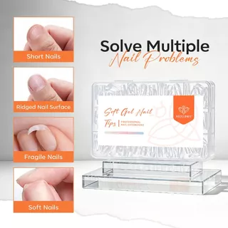 【คุณภาพสูง】Modelones เล็บปลอมอัลมอนด์สั้น 216 ชิ้น 12 ไซส์ Soft Gel Tips ใส ครอบเต็มเล็บ ต่อเล็บ DIY