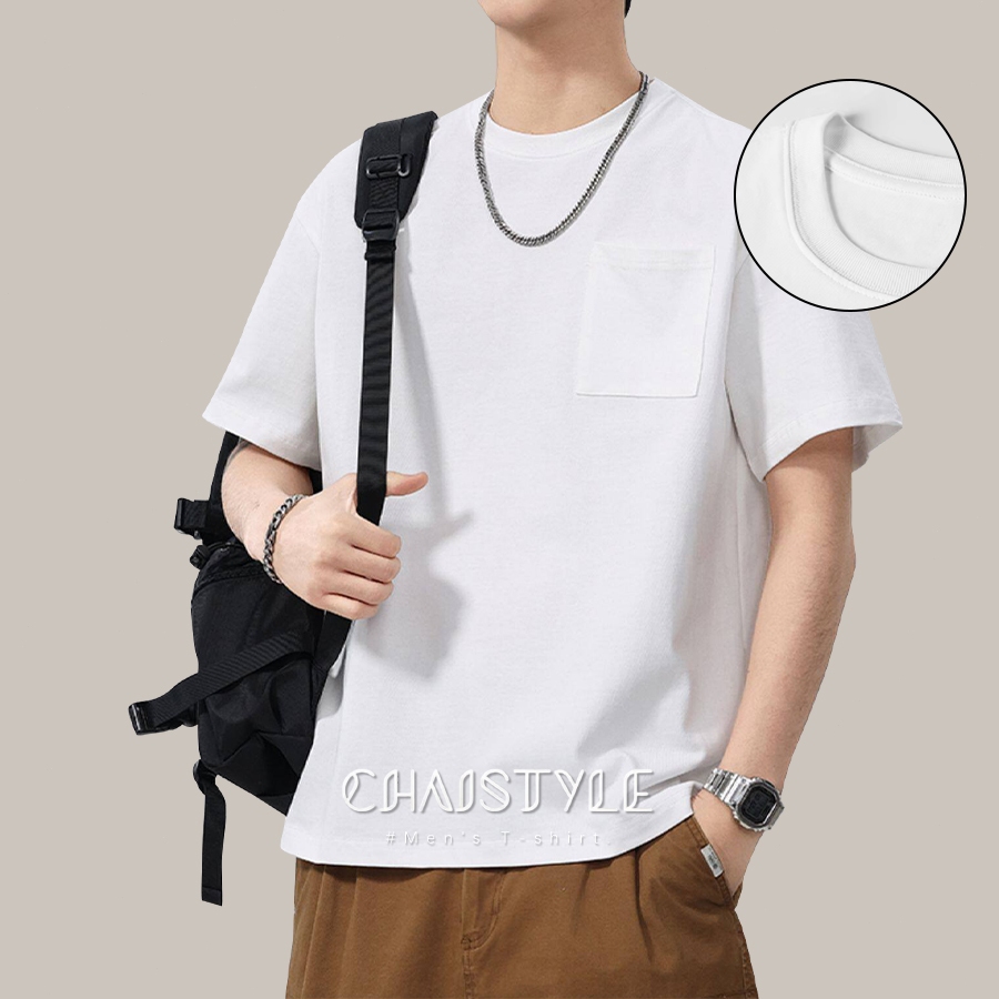 Chaistyle ฤดูร้อนสไตล์ใหม่ กระเป๋า สีล้วน ผู้ชาย แขนสั้น แบบหลวม แมทช์ลุคง่าย