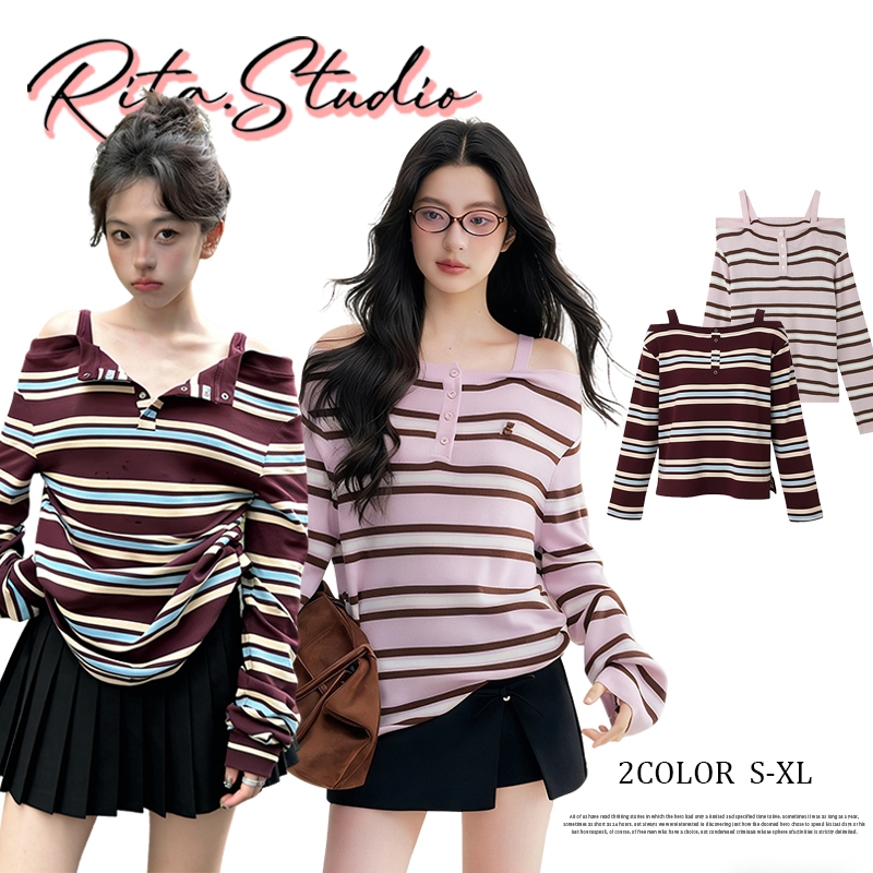 Rita พร้อมส่ง🍒ลายทางเสื้อยืดแขนยาว เปิดไหล่ ดีไซน์เก๋ๆ แต่งกระดุมใช้ได้จริง คอวี เซ็กซี่แฟชั่นผู้หญิง Y2K เสื้อยืดยาว