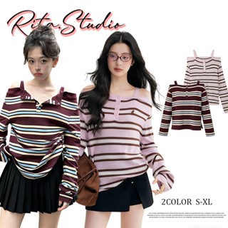 Rita พร้อมส่ง🍒ลายทางเสื้อยืดแขนยาว เปิดไหล่ ดีไซน์เก๋ๆ แต่งก…
