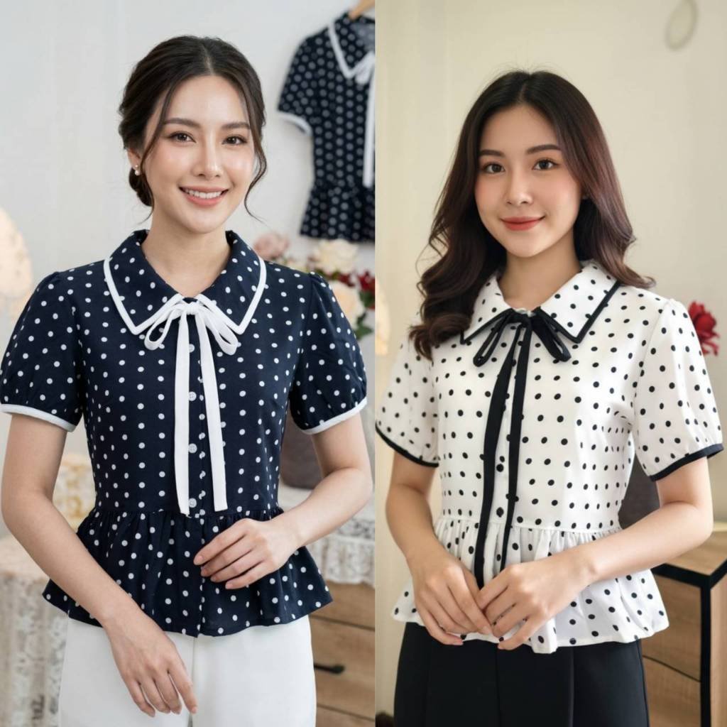 อก34-54นิ้ว เสื้อลายpolika dot สีขาวลายจุดดำ เอวระบายแขนสั้น – โปรปัง