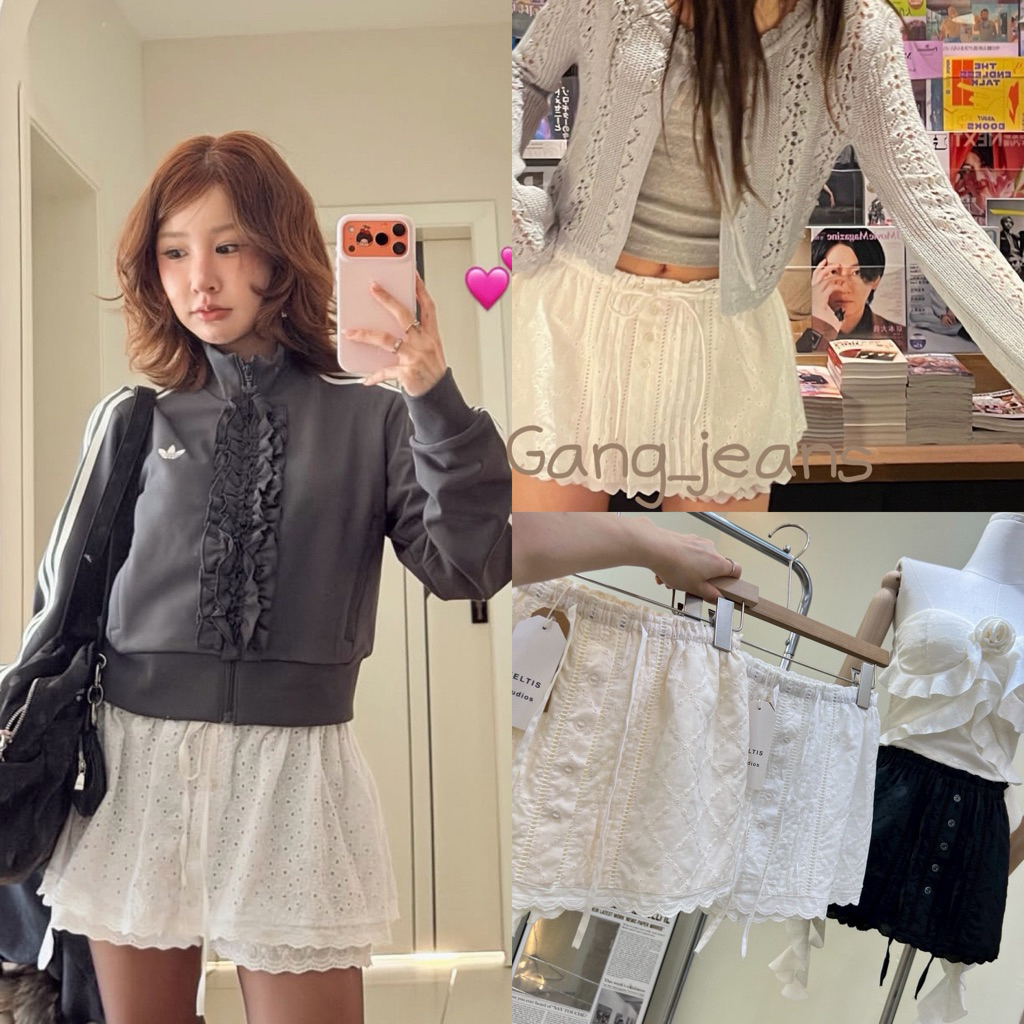 Gang_jeans#2382(K)กระโปรงลูกไม้ ลายฉลุ แต่งกระดุม เอวฟรีไซส์